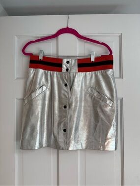 Leather Metallic Button-Front Mini Skirt with Orange/Navy Waistband US 10